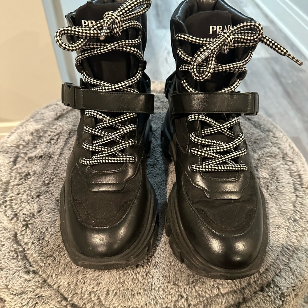 Prada Black Lace-Up Boots with Buckle